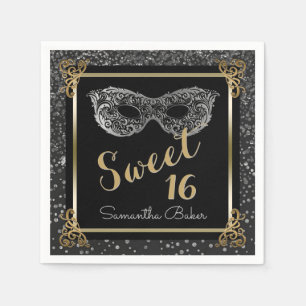 Serviettes Jetables Sweet sixteen d'or d'argent de boule de mascarade