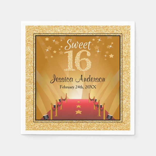 Serviettes Jetables Tapis rouge Hollywood Star Gold Sweet 16 Anniversa (Devant)