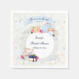 Serviettes Jetables Tea Party Teapot bleu Blanc Rose dentelle