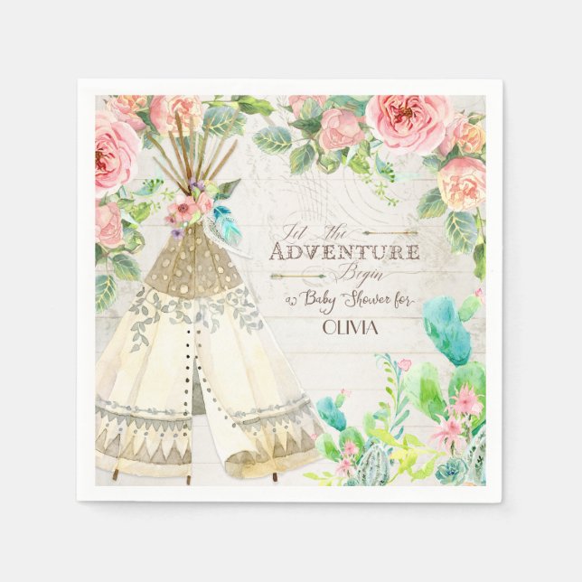 Serviettes Jetables Teepee Boho Tribal Baby Girl Douche Roses Cactus (Devant)