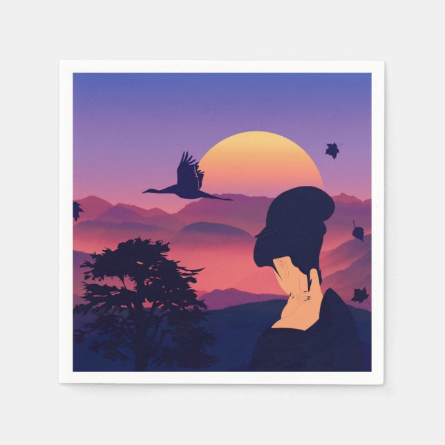 Serviettes Jetables Thème Japonais Geisha Tree Et Soleil Levant (Devant)