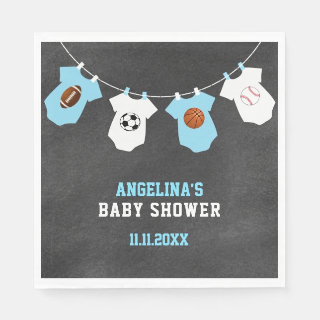 Serviettes Jetables Thème sportif Chalkboard Blue Boy Baby shower (Devant)