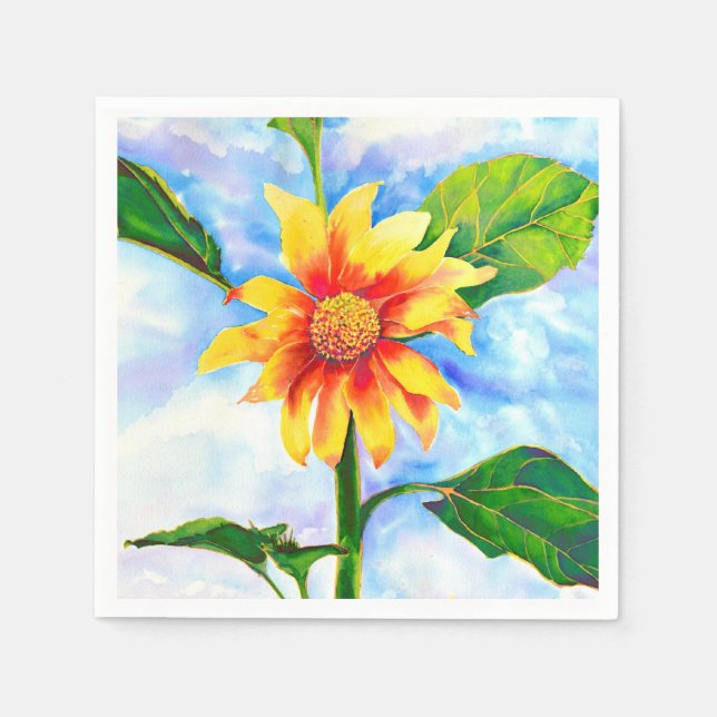 Serviettes Jetables Tournesol aquarelle peinture jaune orangé floral (Devant)