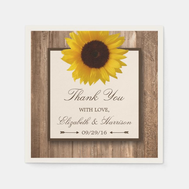 Serviettes Jetables Tournesol rustique et Mariage de bois Brown (Devant)