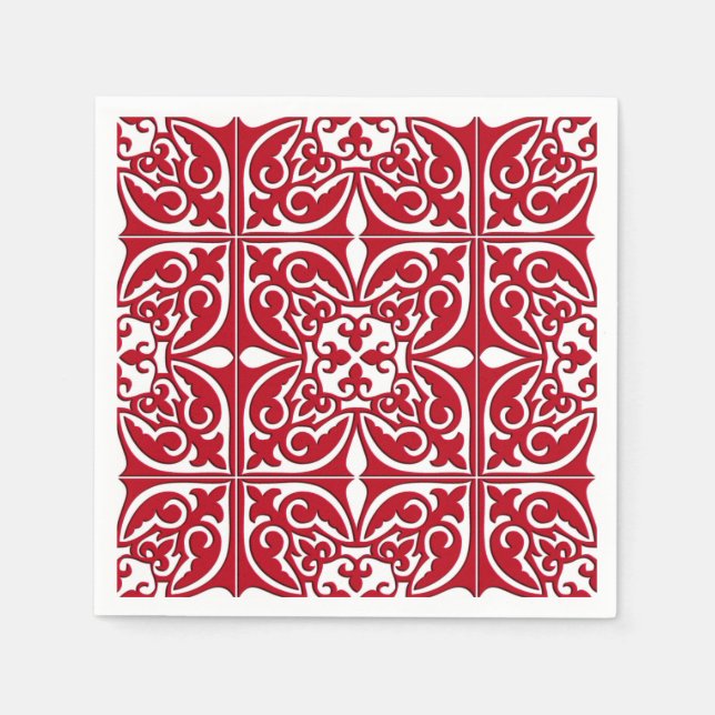 Serviettes Jetables Tuiles marocaines - rouge foncé et blanc (Devant)