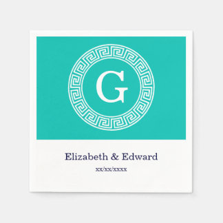 Serviettes Jetables Turquoise Blanc Clé grecque Cadre Ronde Monogramme