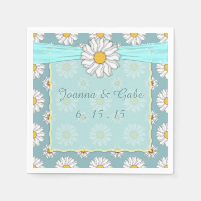 Serviettes Jetables Turquoise Blanc Jaune Fleur Mariage (Devant)