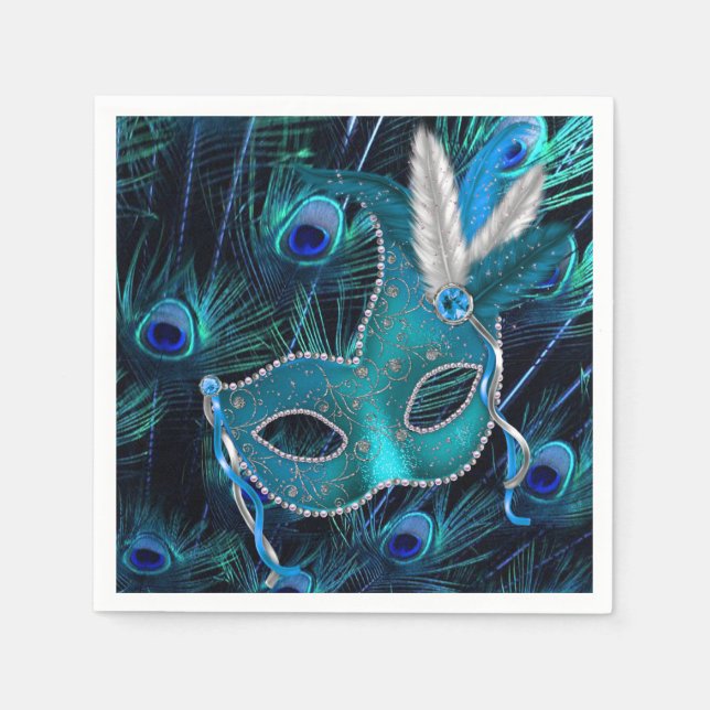 Serviettes Jetables Turquoise Blue Peacock Masquerade Party (Devant)