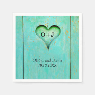 Serviettes Jetables Turquoise Bois rustique Coeur monogramme