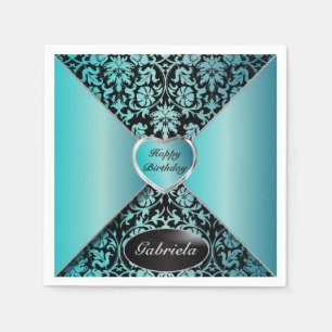 Serviettes Jetables Turquoise et damassé noire