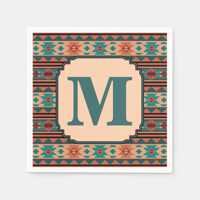 Serviettes Jetables Turquoise Terracotta Monogram (Devant)