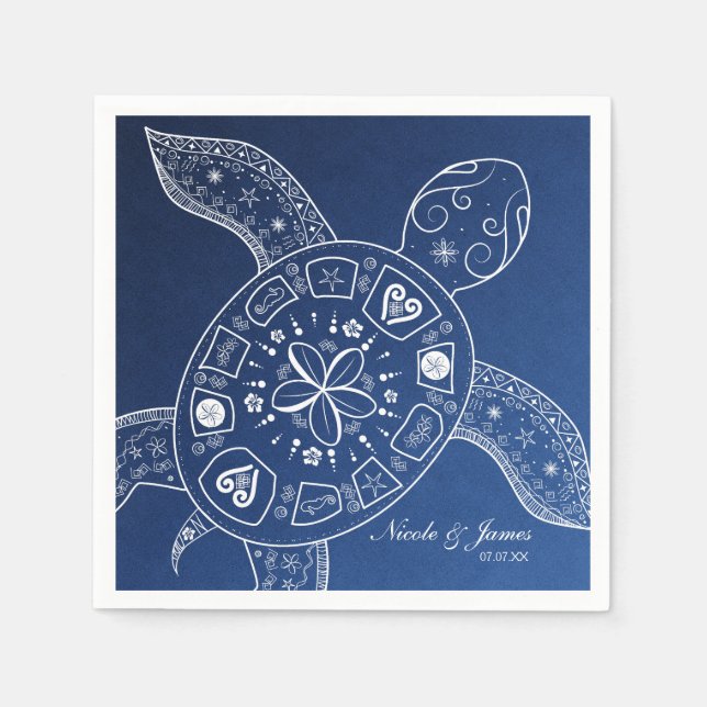 Serviettes Jetables Turtle de la mer d'Hawaii blanc sur Blue Beach Mar (Devant)