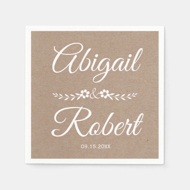 Serviettes Jetables Typographie blanche papier kraft mariage rustique (Devant)