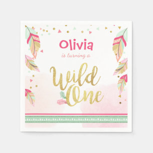 Serviettes Jetables Un Livre Sauvage Napkin Or rose Boho Feathes Girl