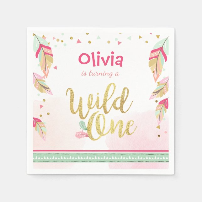 Serviettes Jetables Un Livre Sauvage Napkin Or rose Boho Feathes Girl (Devant)