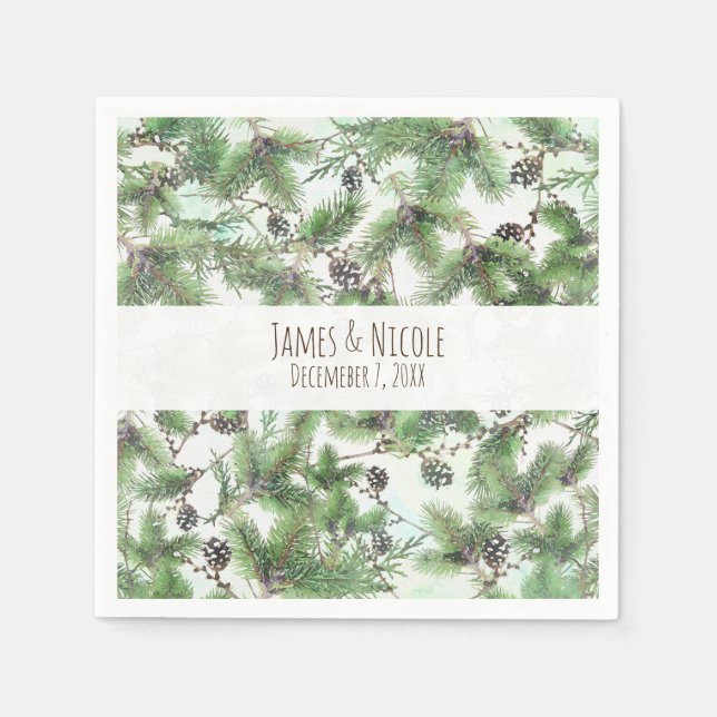 Serviettes Jetables Vacances Green & Pine Cônes Pays Mariage d'hiver (Devant)