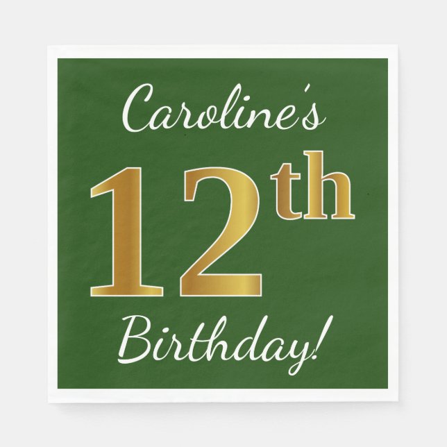 Serviettes Jetables Vert, Faux Gold 12e anniversaire + Nom personnalis (Devant)