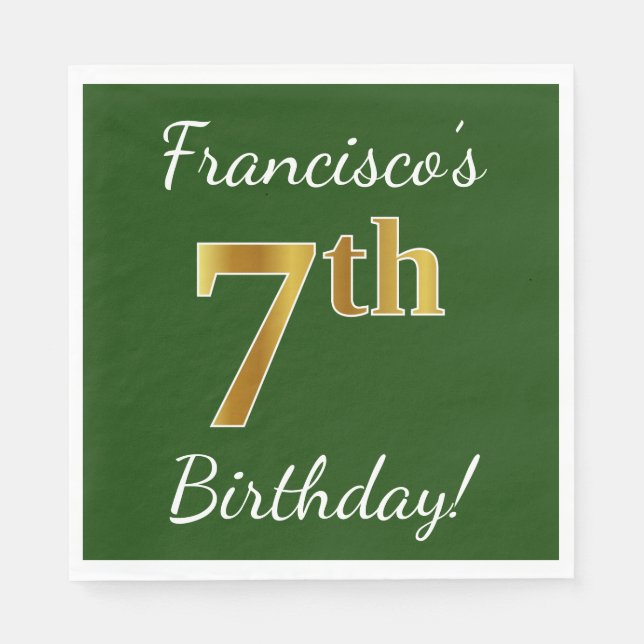 Serviettes Jetables Vert, Faux Gold 7e anniversaire + Nom personnalisé (Devant)
