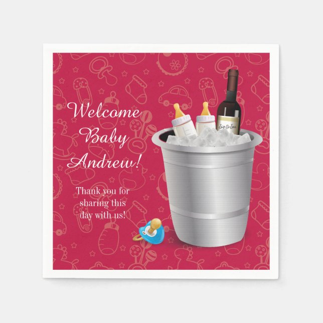 Serviettes Jetables Vin rouge et Bouteilles bébé Siroter et voir (Devant)