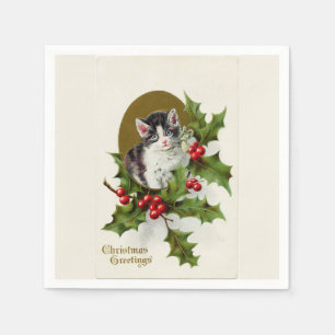 Serviettes Jetables Vintage Christmas Kitten Blanc