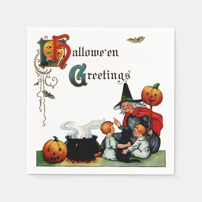 Serviettes Jetables Vintage Halloween Witch Napkin (Devant)