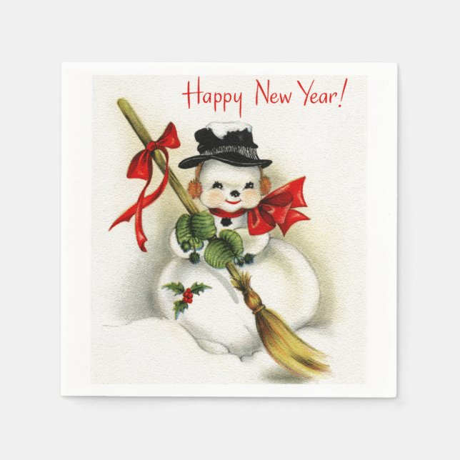 Serviettes Jetables Vintage Joyeux Nouvel An Snowman Livre blanc Napki (Devant)