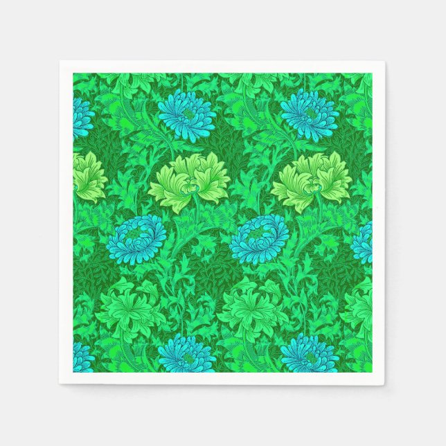 Serviettes Jetables William Morris Chrysanthemums, Lime Green & Aqua (Devant)