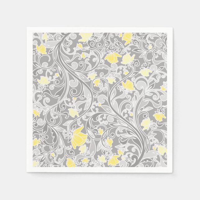 Serviettes Jetables Yellow and Gray Swirly Floral (Devant)