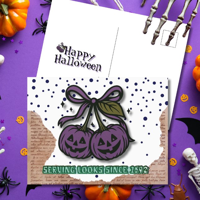 Serving Looks Since 1692 Purple Pumpkin Coquette Holiday Postcard (Creator Uploaded)