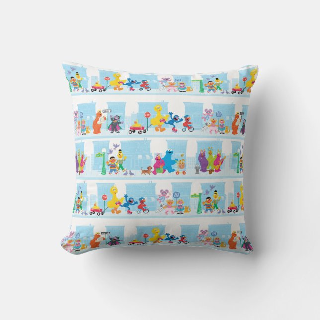 Sesame Pals Walking Along Sesame Street Pattern Throw Pillow (Front)