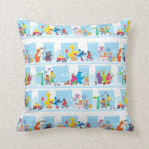 Sesame Pals Walking Along Sesame Street Pattern Throw Pillow