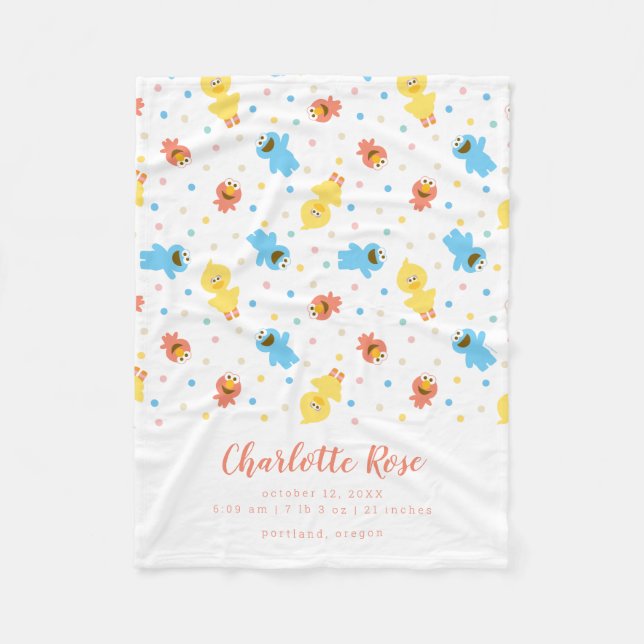 Sesame Pals White Polka Dot Birth Stats Fleece Blanket (Front)