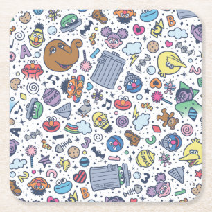Sesame Sesame   Sesame Pals Doodle Pattern Square Paper Coaster