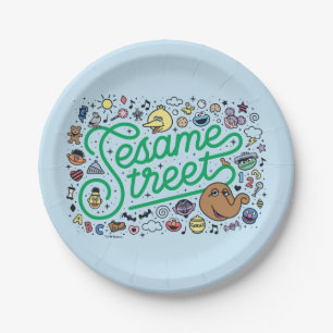 Sesame Sesame Sesame Street Green Doodle Script Paper Plate