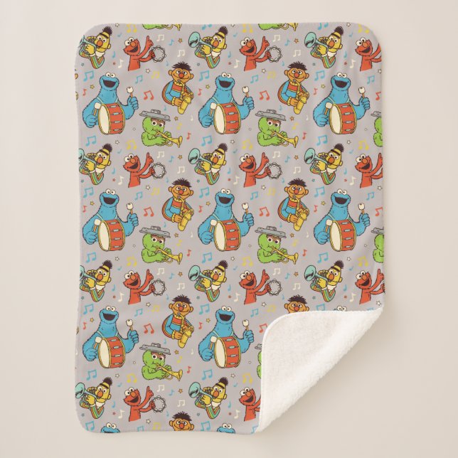 Sesame Street Band Grey Pattern Sherpa Blanket (Front)