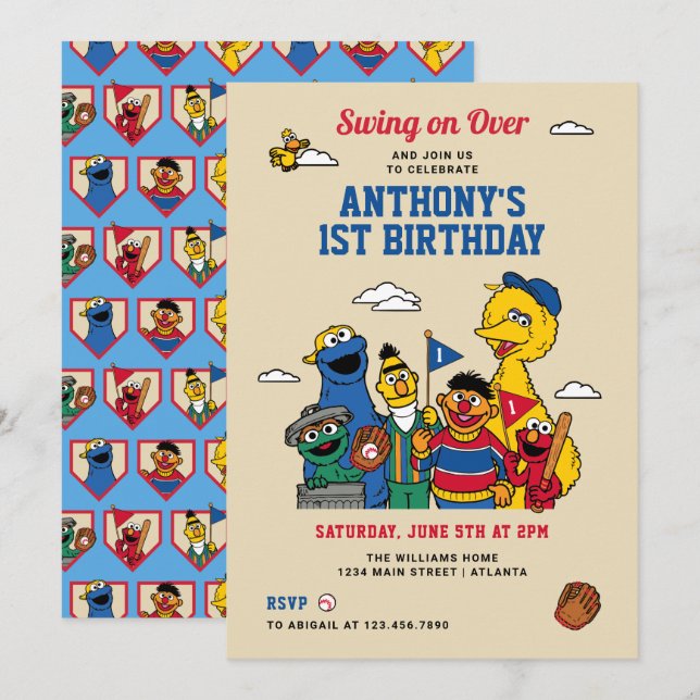 Sesame Street Baseball Birthday Invitation (Front/Back)