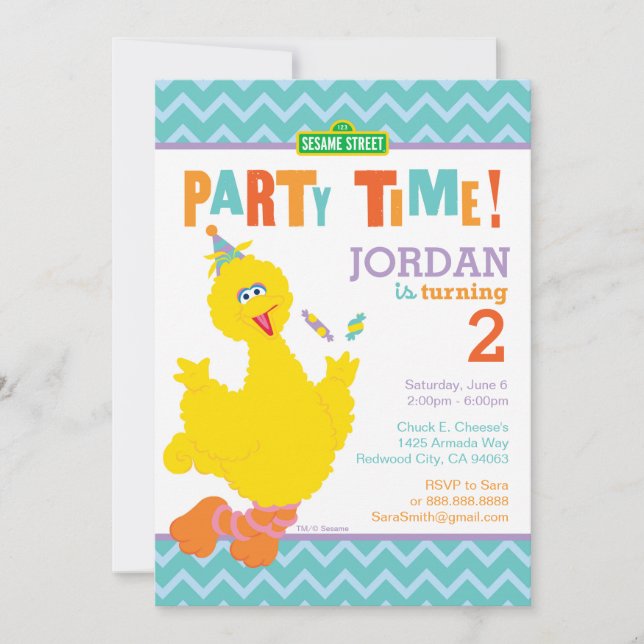 Sesame Street Big Bird Chevron Birthday Invitation (Front)