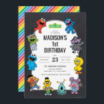 Sesame Street Characters Chalkboard Birthday Invitation<br><div class="desc">Celebrate your child's special day with the Sesame Street Characters Chalkboard Birthday Invitation. This vibrant invitation features beloved Sesame Street characters, including Big Bird, Cookie Monster, Elmo, Oscar the Grouch, Bert and Ernie, Grover, Rosita, The Count, and Abby Cadabby, set against a playful chalkboard background adorned with colourful stars. Personalize...</div>