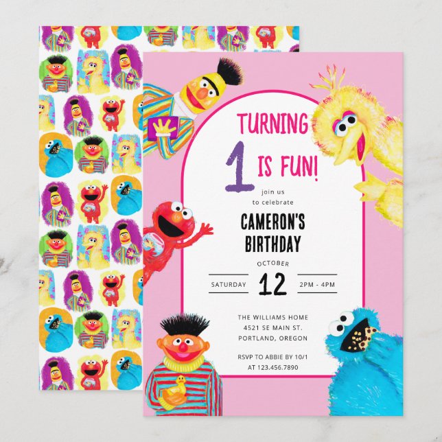 Sesame Street Characters First Birthday Party Invitation (Front/Back)