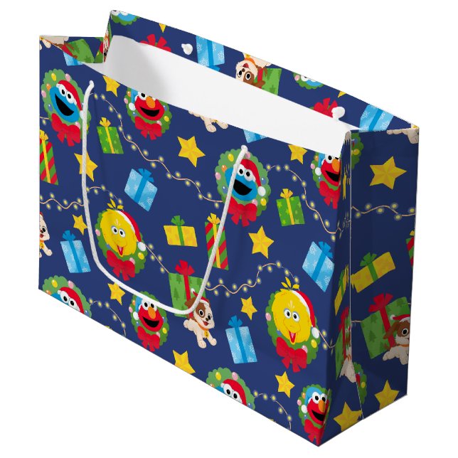 Sesame Street Christmas Lights Pattern Large Gift Bag (Front Angled)