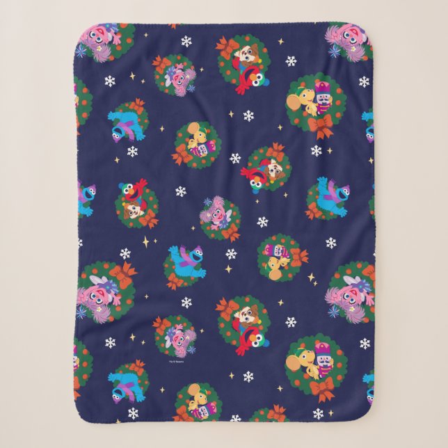 Sesame Street Christmas Wreath Pattern Sherpa Blanket (Front)
