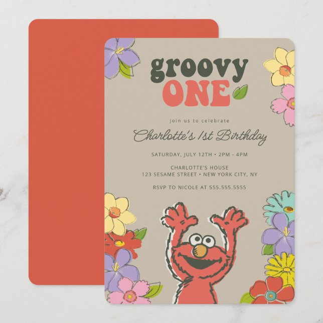 Sesame Street Elmo | Groovy One Floral Birthday Invitation (Front/Back)