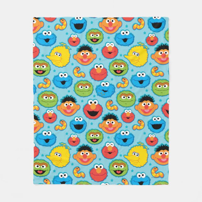 Sesame Street Faces Pattern on Blue Fleece Blanket (Front)