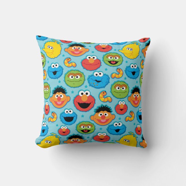 Sesame Street Faces Pattern on Blue Throw Pillow (Front)