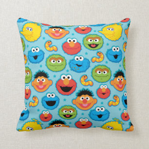 Sesame Street Faces Pattern on Blue Throw Pillow