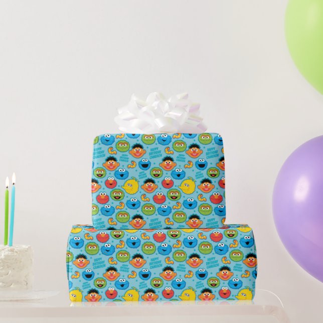 Sesame Street Faces Pattern on Blue Wrapping Paper (Party Gifts)