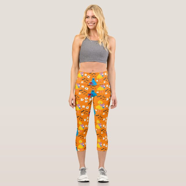 Sesame Street Halloween Bats & Ghosts Pattern Capri Leggings (Front)