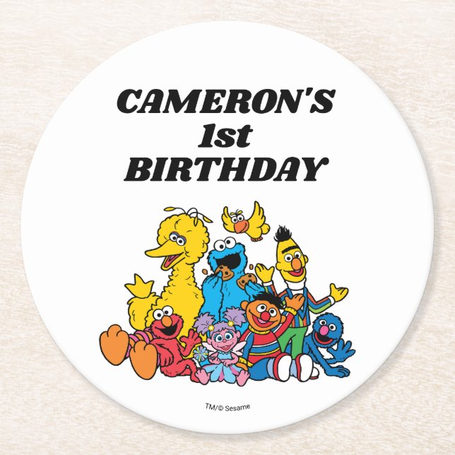 Sesame Street Pals 1st Birthday Round Paper Coaster (Front)