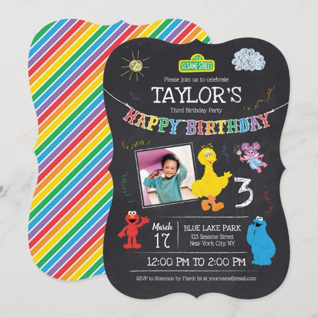 Sesame Street Pals Chalkboard Photo 3rd Birthday Invitation (Front/Back)