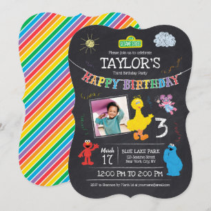 Sesame Street Pals Chalkboard Photo 3rd Birthday Invitation